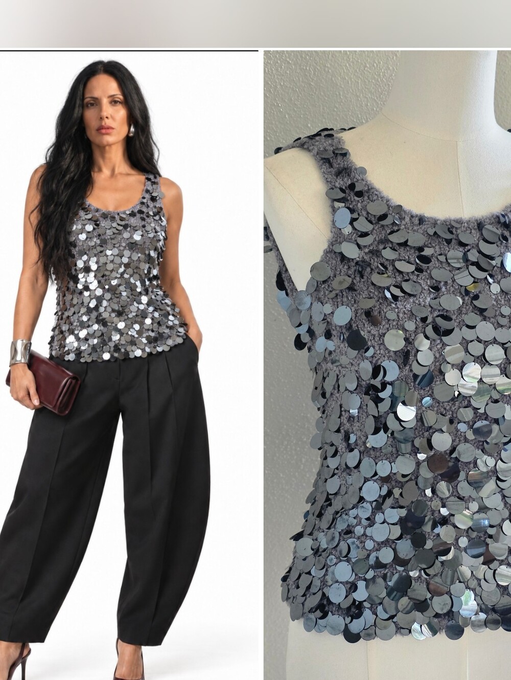 90s Oscar de la Renta Vintage Sequin Paillette Wool Blend Tank  P XS Disco Glam